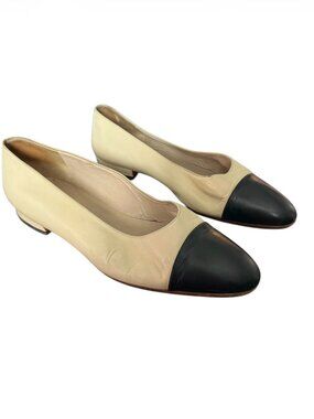 Auth Vintage Chanel Women’s Cap Toe Leather Ballet Flats Black/Beige EU 41 US 10